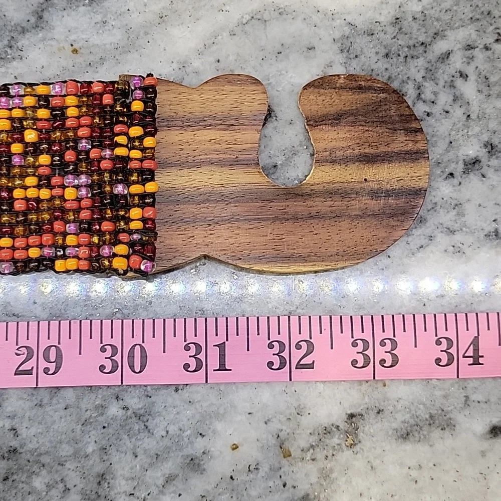 Boho, hippie, Beaded Stretchy Cinch Belt with Wood Buckle large